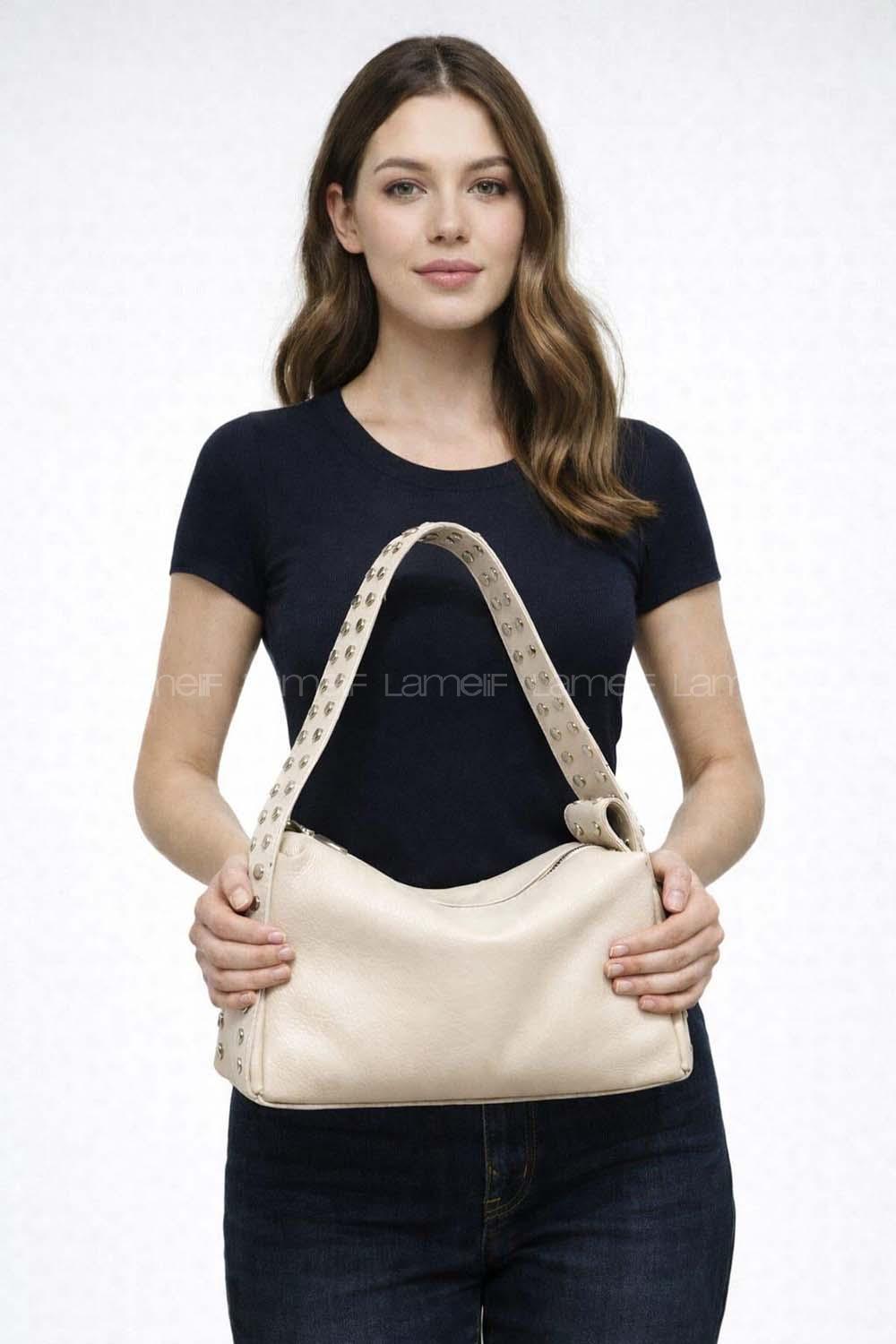 Lamelif Gümüş Nokta Detaylı Kadın Yumuşak Deri Kadın Çanta Bej