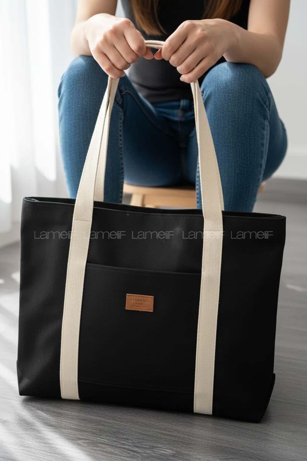 Lamelif Kadın Kanvas Büyük Boy Kol Ve Omuz Çantası Fermuarlı Siyah