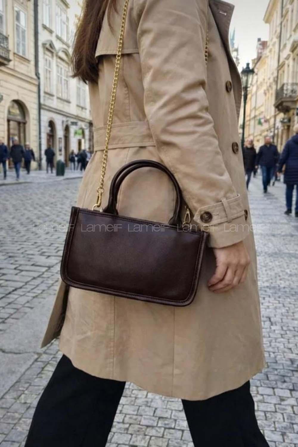 Lamelif Verona Gold Zincir Askılı Kadın Omuz Çantası Acı Kahve