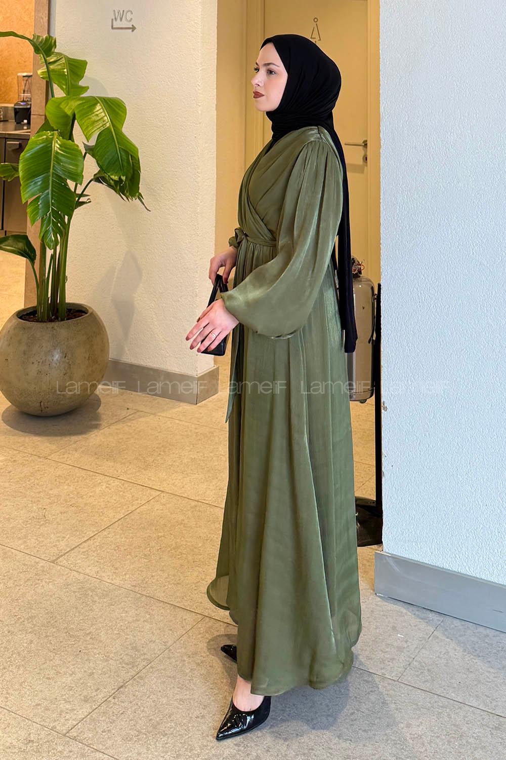 Lamelif Balon Kol Organze Elbise Haki