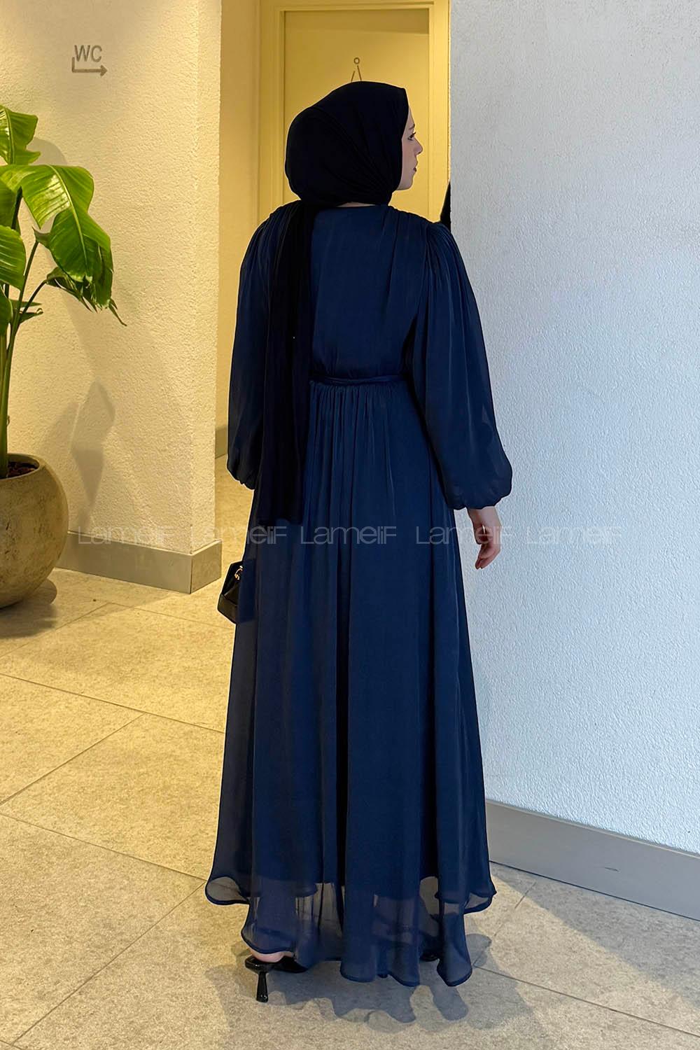 Lamelif Balon Kol Organze Elbise Lacivert