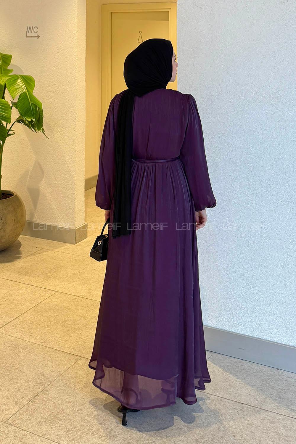 Lamelif Balon Kol Organze Elbise Mor