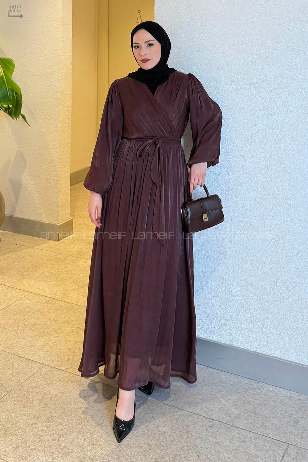 Lamelif Balon Kol Organze Elbise Mürdüm