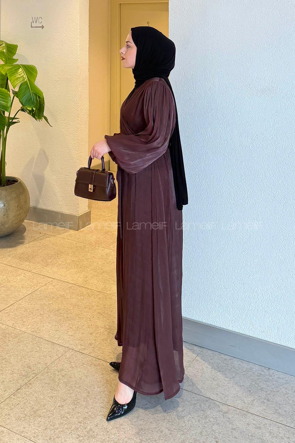 Lamelif Balon Kol Organze Elbise Mürdüm