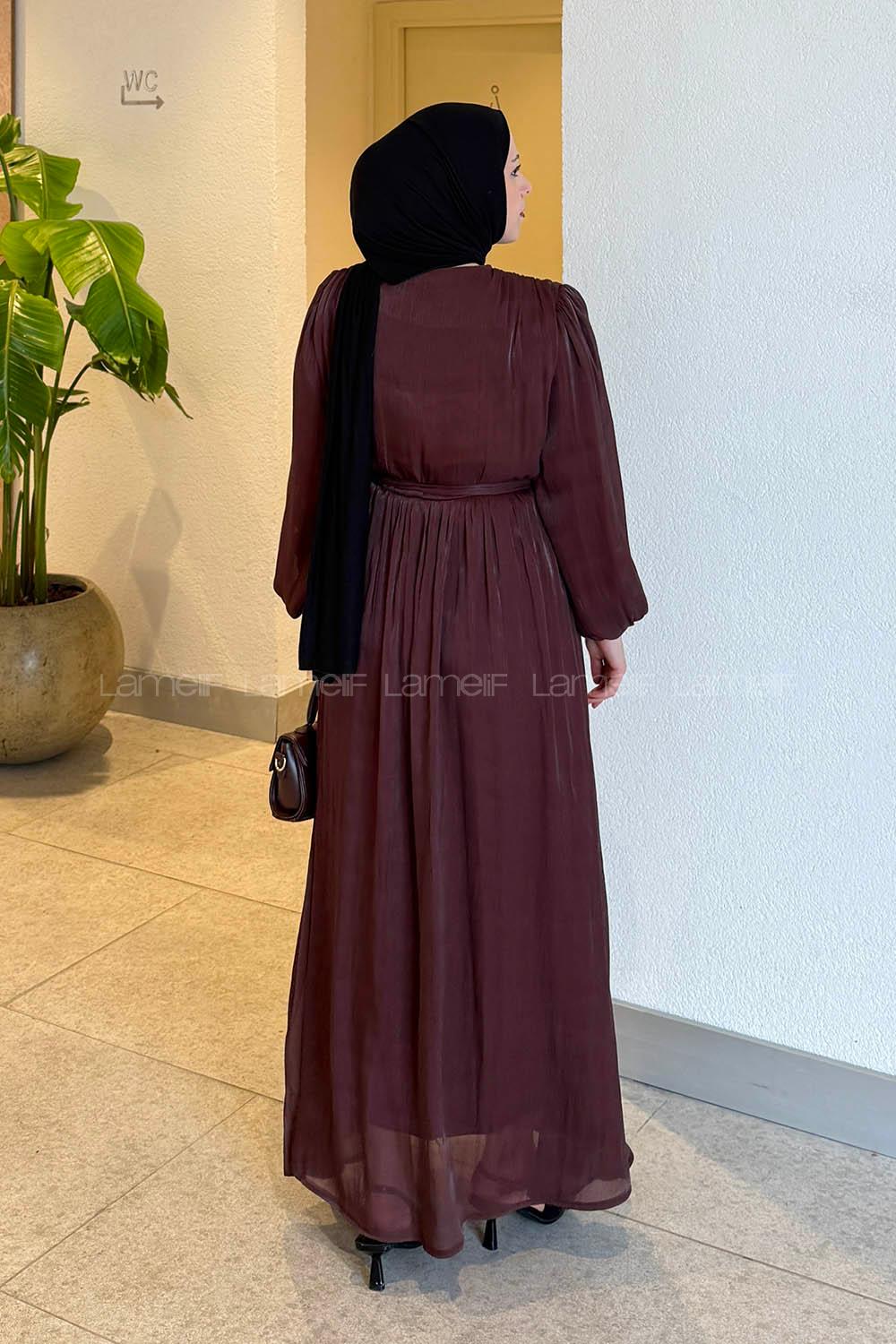 Lamelif Balon Kol Organze Elbise Mürdüm