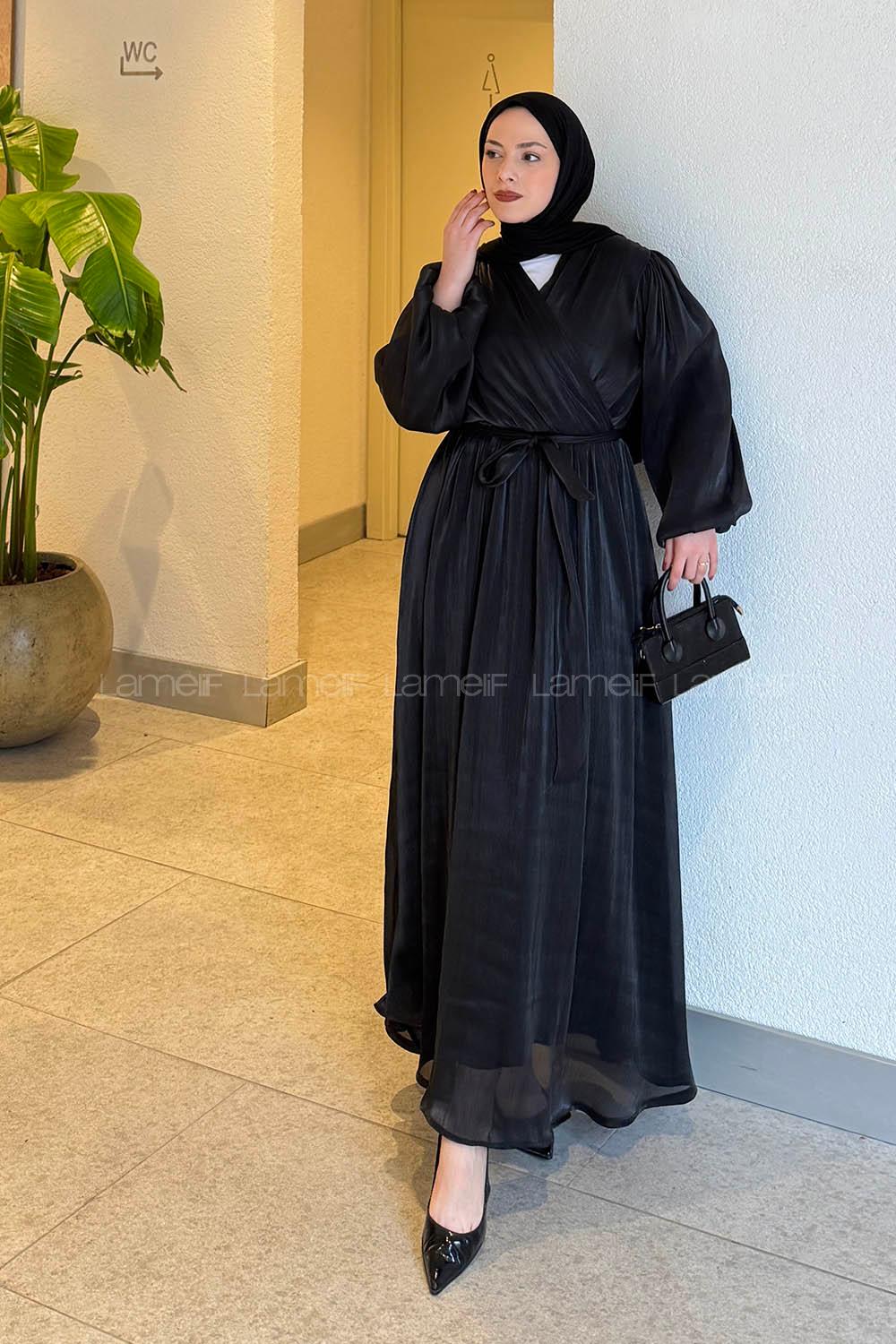 Lamelif Balon Kol Organze Elbise Siyah