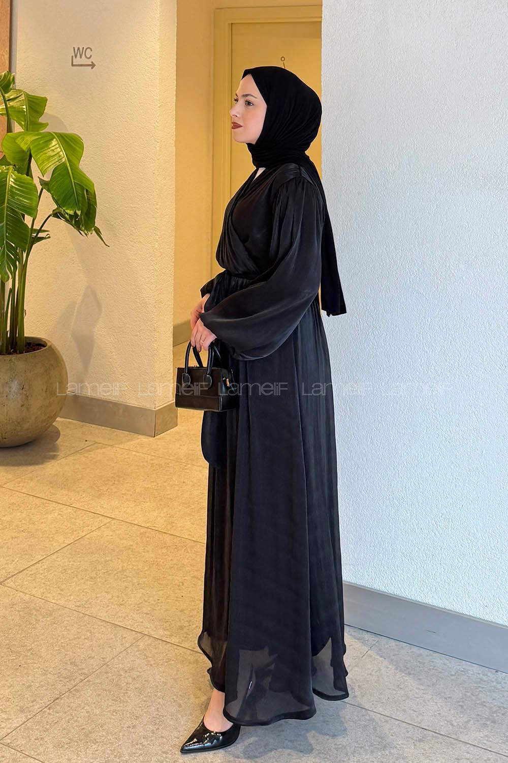 Lamelif Balon Kol Organze Elbise Siyah