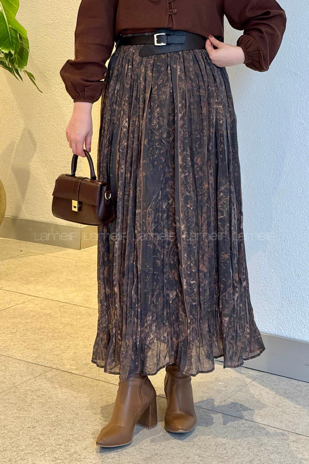 Lamelif Baskılı Etek Acı Kahve