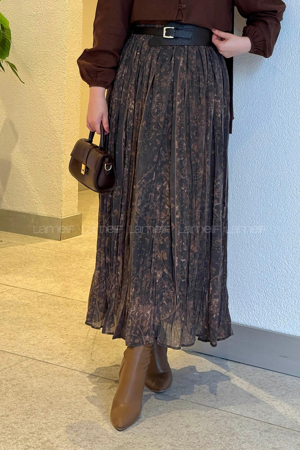 Lamelif Baskılı Etek Acı Kahve