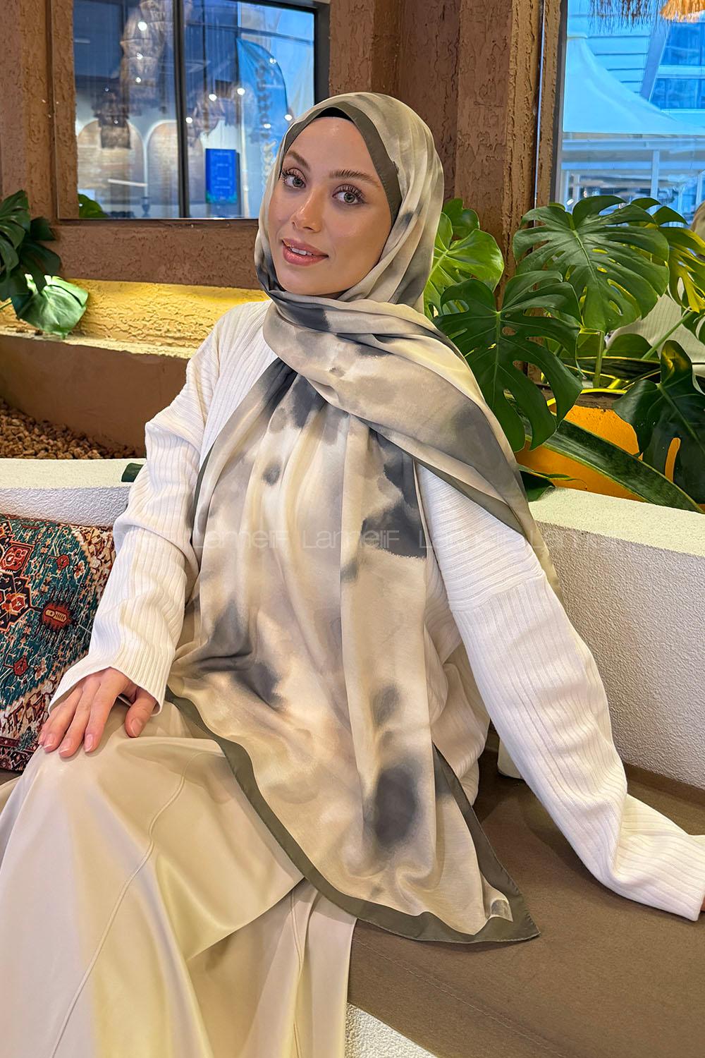 Lamelif Batik Desen Soft Şal Asker Yeşili