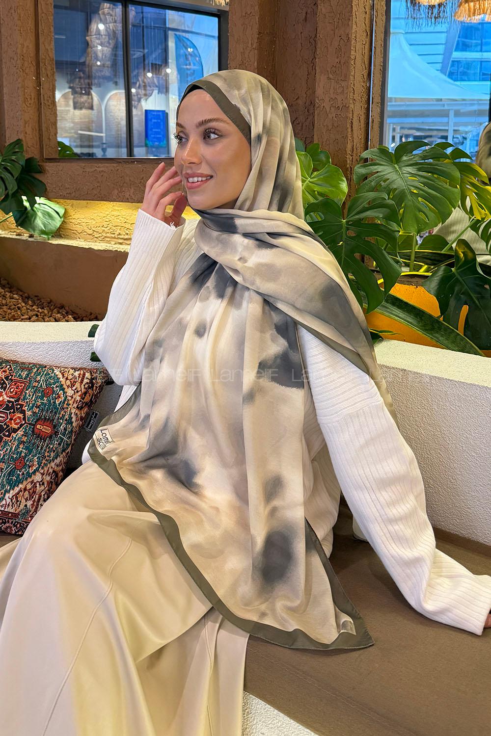 Lamelif Batik Desen Soft Şal Asker Yeşili