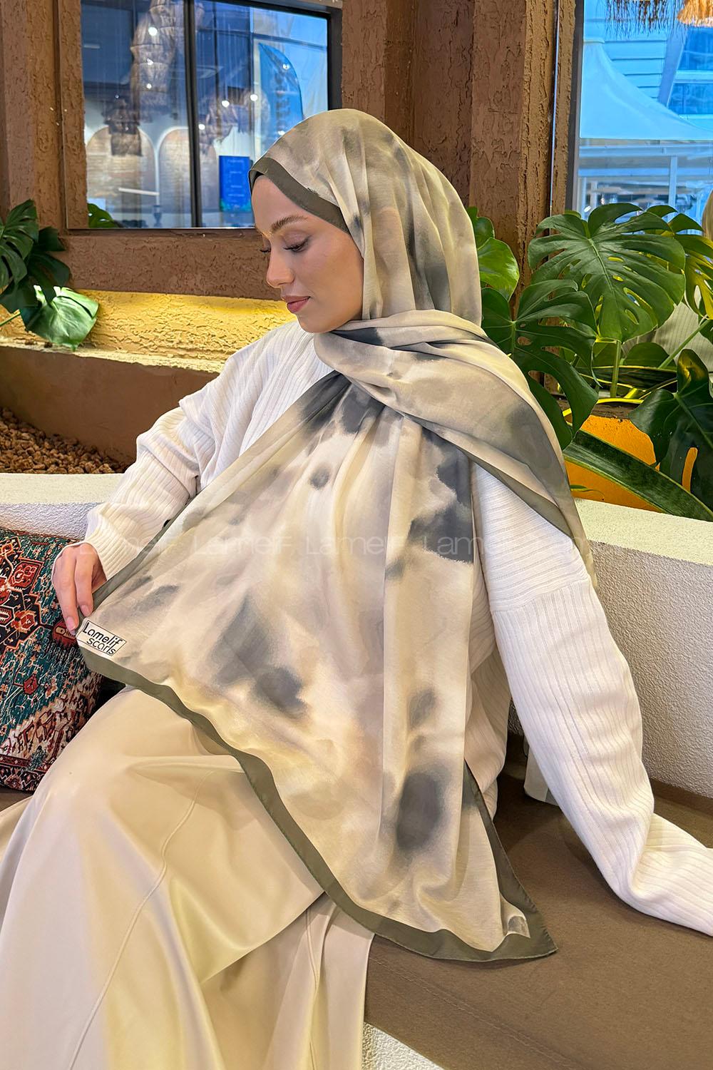 Lamelif Batik Desen Soft Şal Asker Yeşili