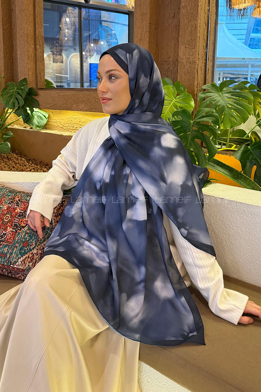 Lamelif Batik Desen Soft Şal Lacivert