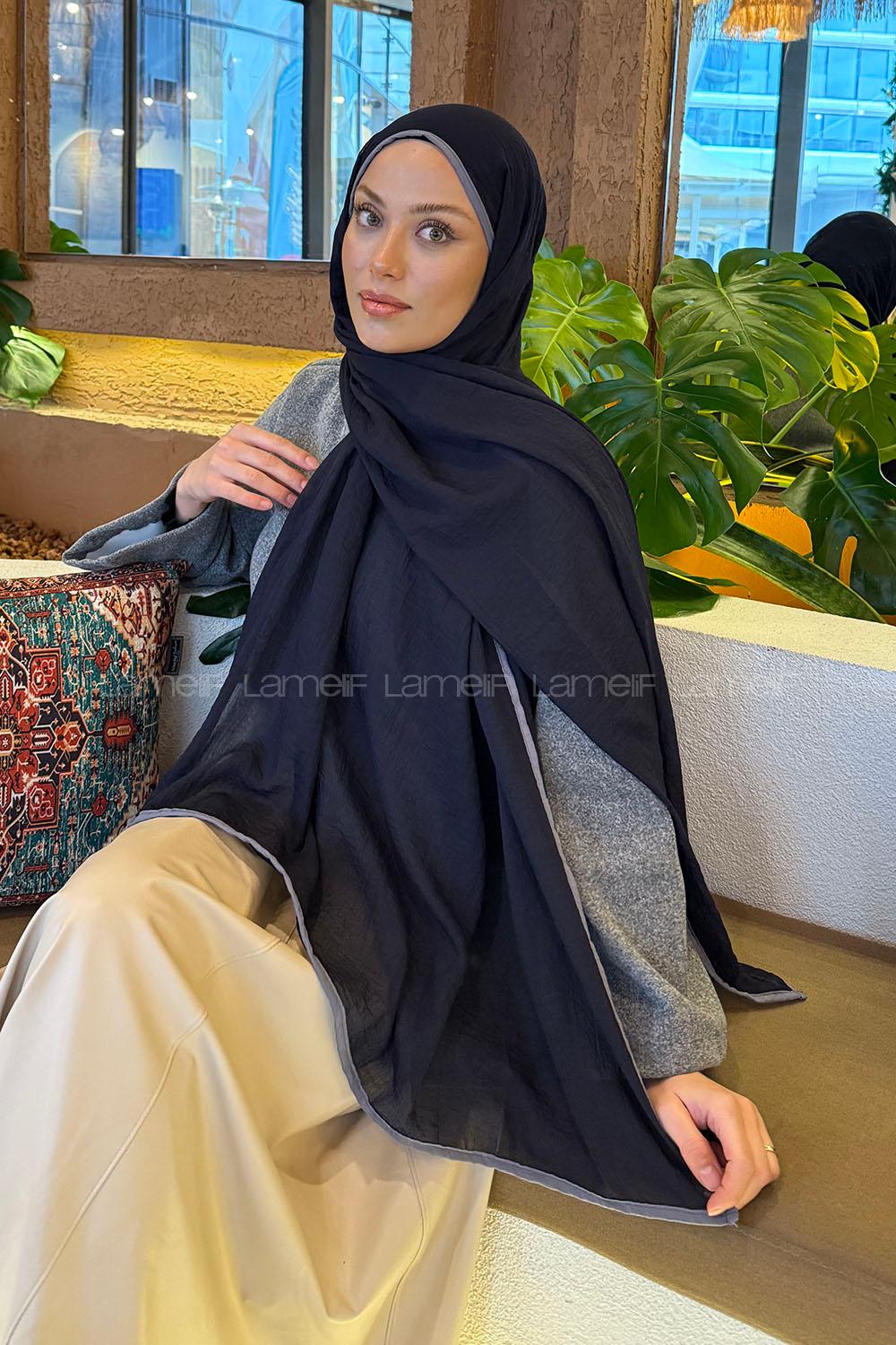 Lamelif Biyeli Müslin Şal Lacivert Gri