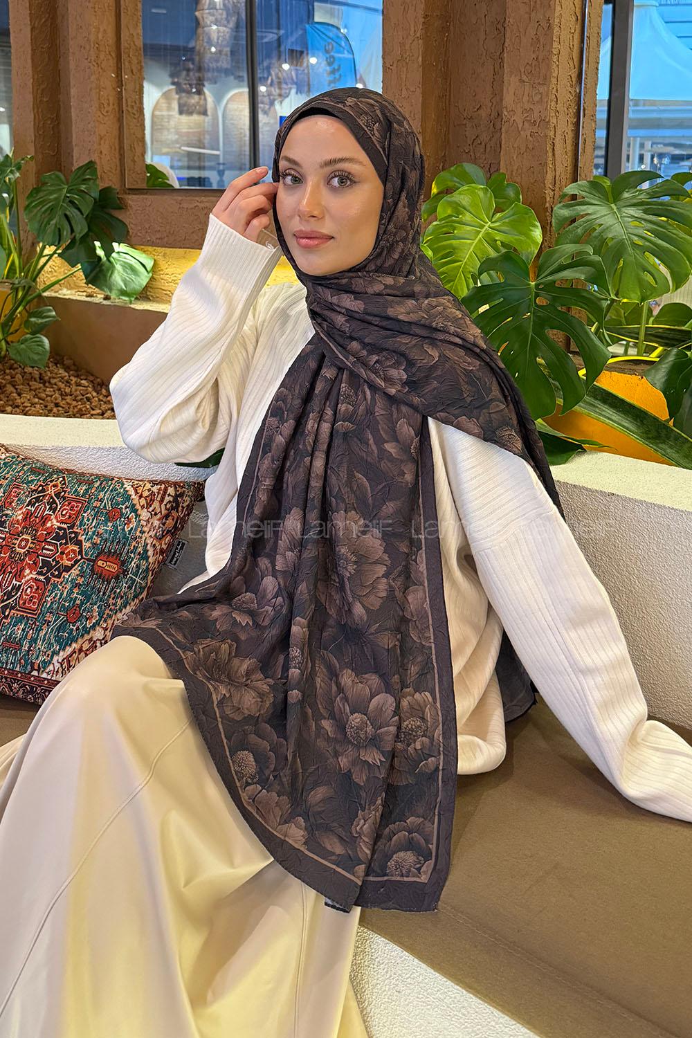 Lamelif Lotus Desen Bambu Şal Koyu Kahve