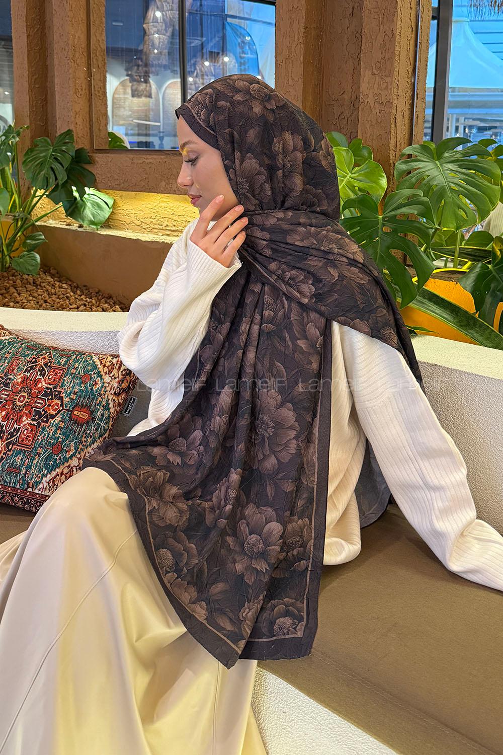 Lamelif Lotus Desen Bambu Şal Koyu Kahve