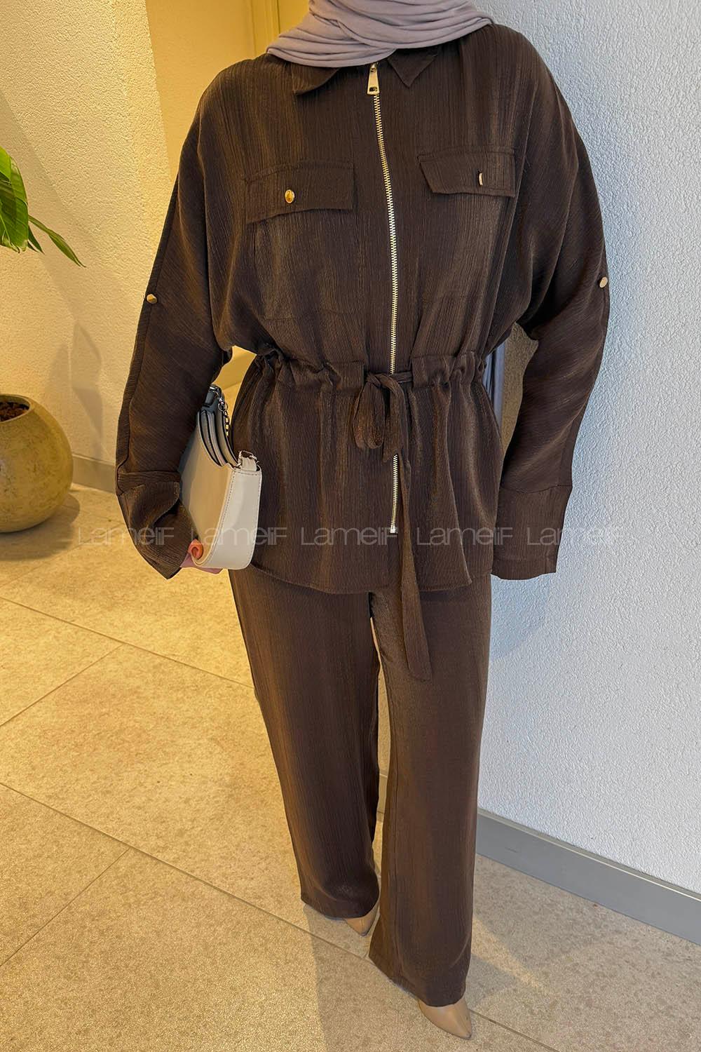 Lamelif Pantolonlu Takım Kahverengi