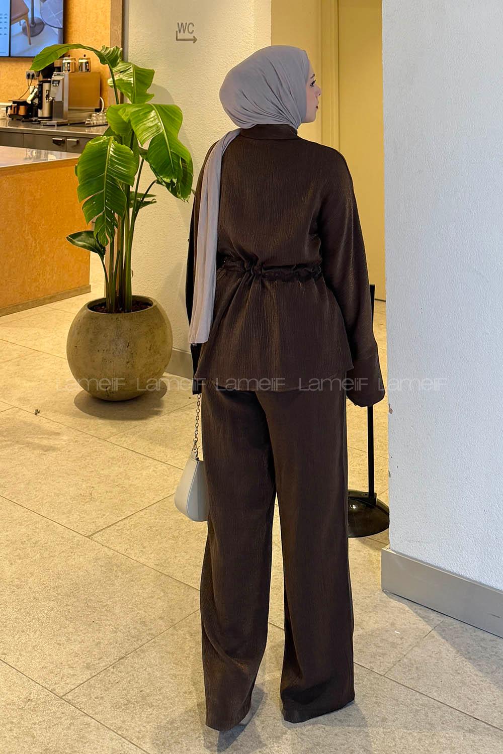 Lamelif Pantolonlu Takım Kahverengi