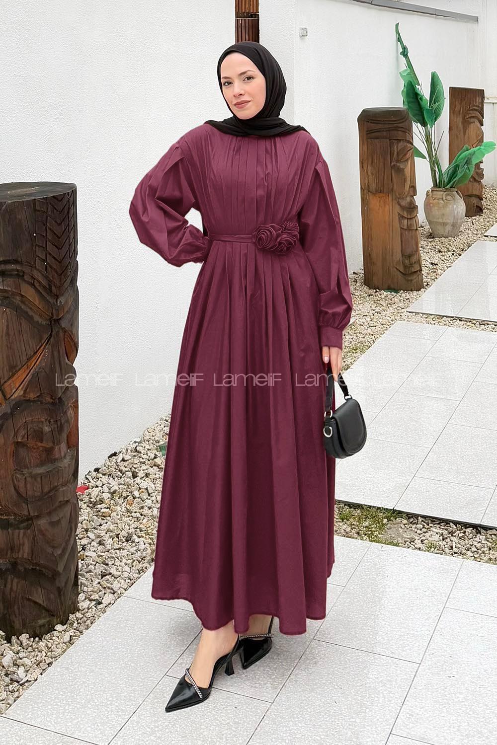 Lamelif Pileli Poplin Elbise Bordo