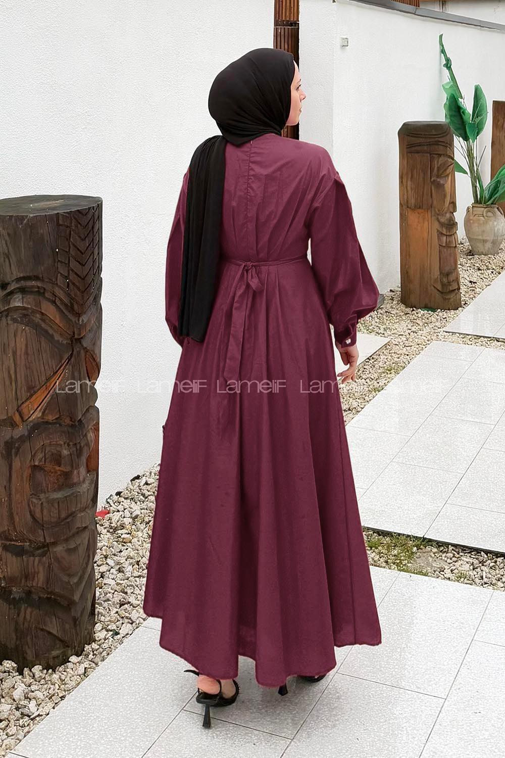 Lamelif Pileli Poplin Elbise Bordo