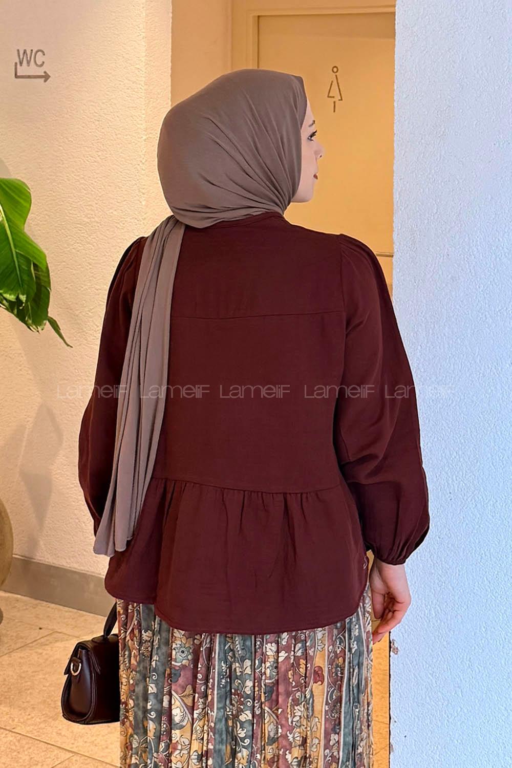 Lamelif V Yaka Kolları Lastikli Müslin Tesettür Gömlek Bordo