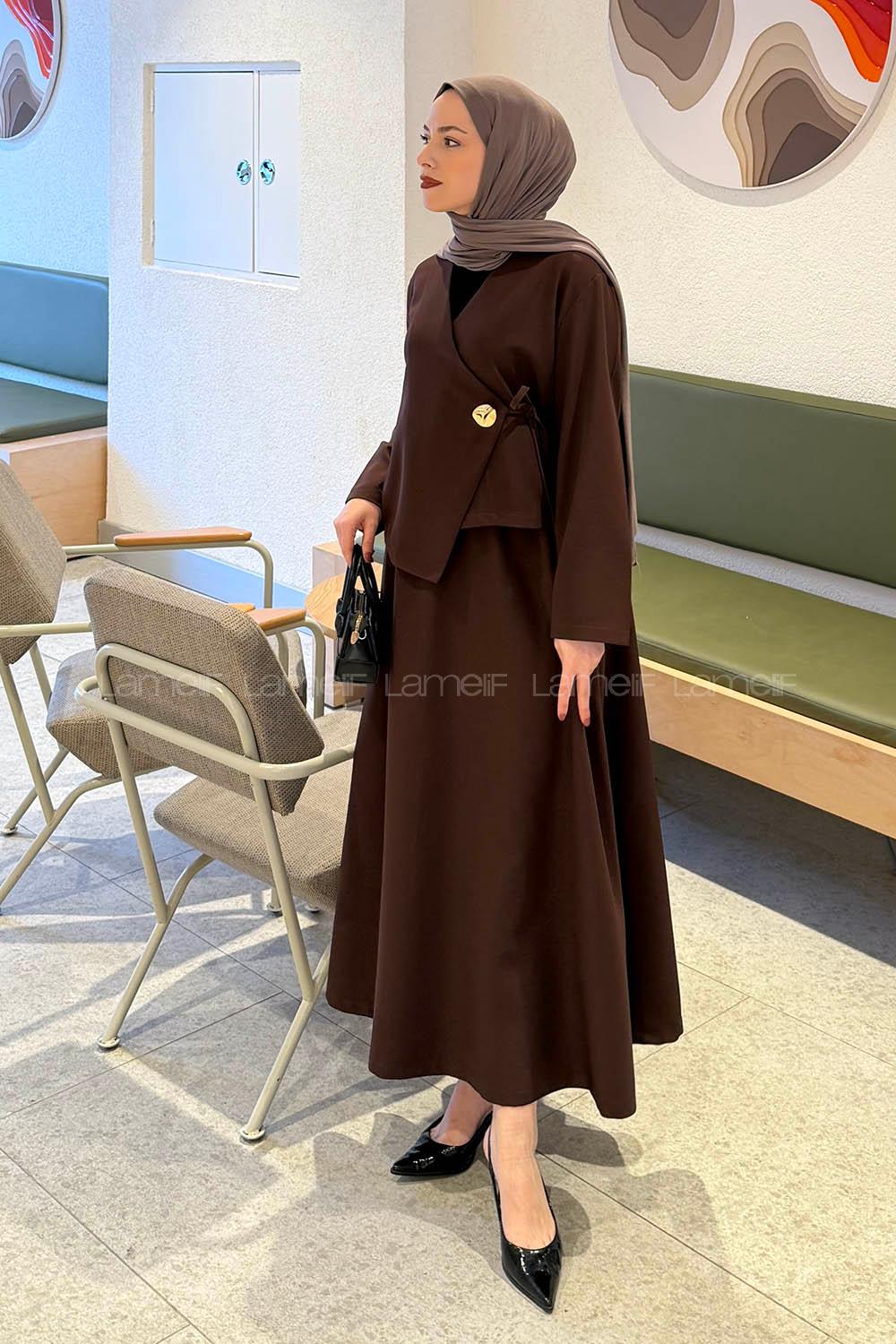Lamelif Yan Bağlama Detaylı Etekli Takım Acı Kahve