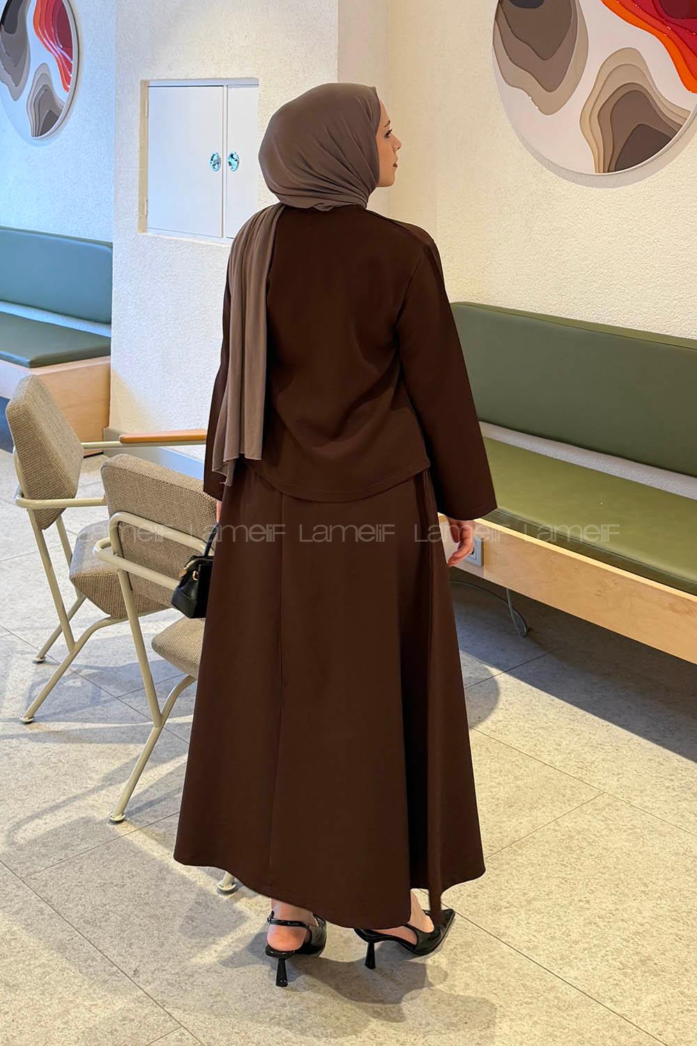 Lamelif Yan Bağlama Detaylı Etekli Takım Acı Kahve
