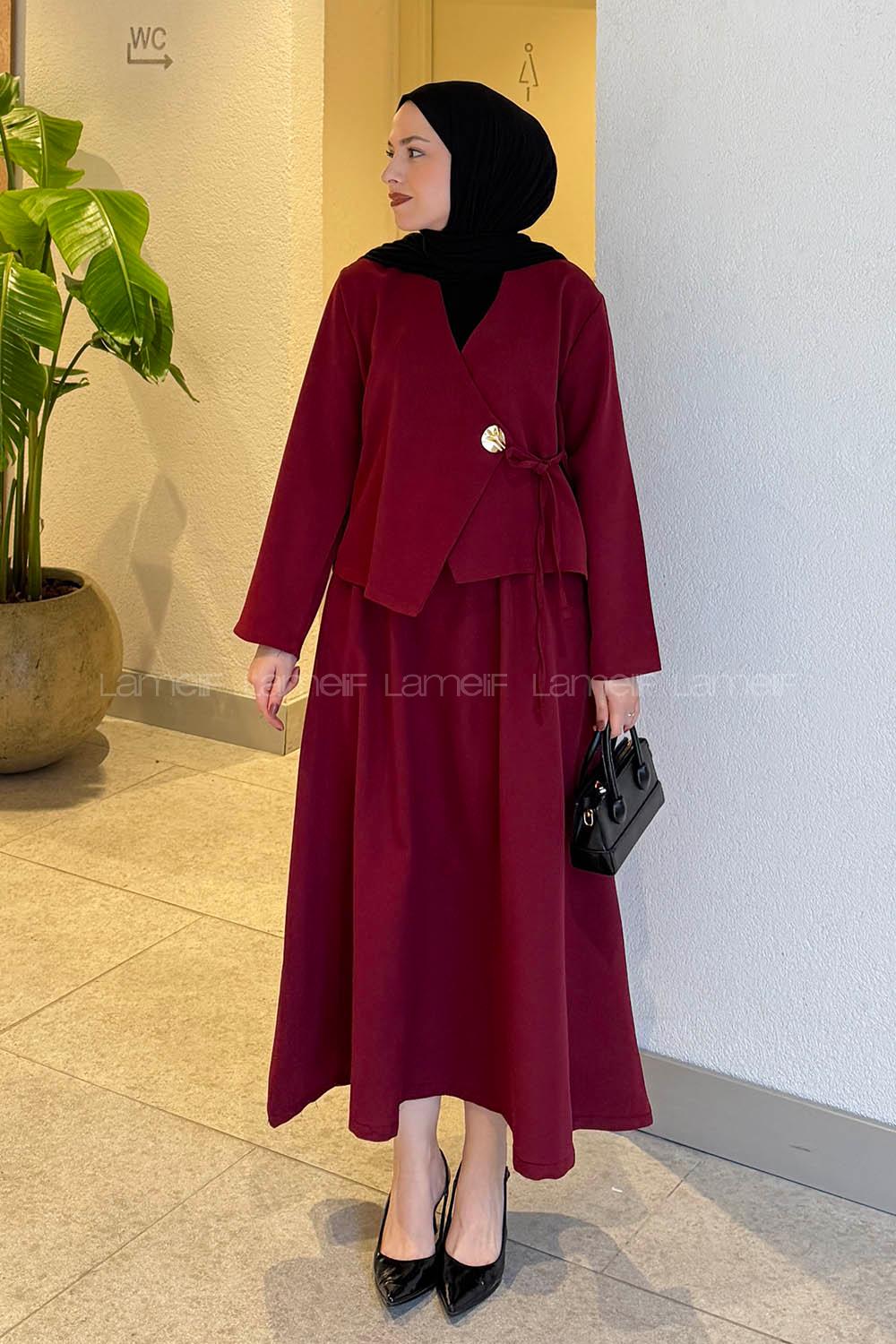 Lamelif Yan Bağlama Detaylı Etekli Takım Bordo