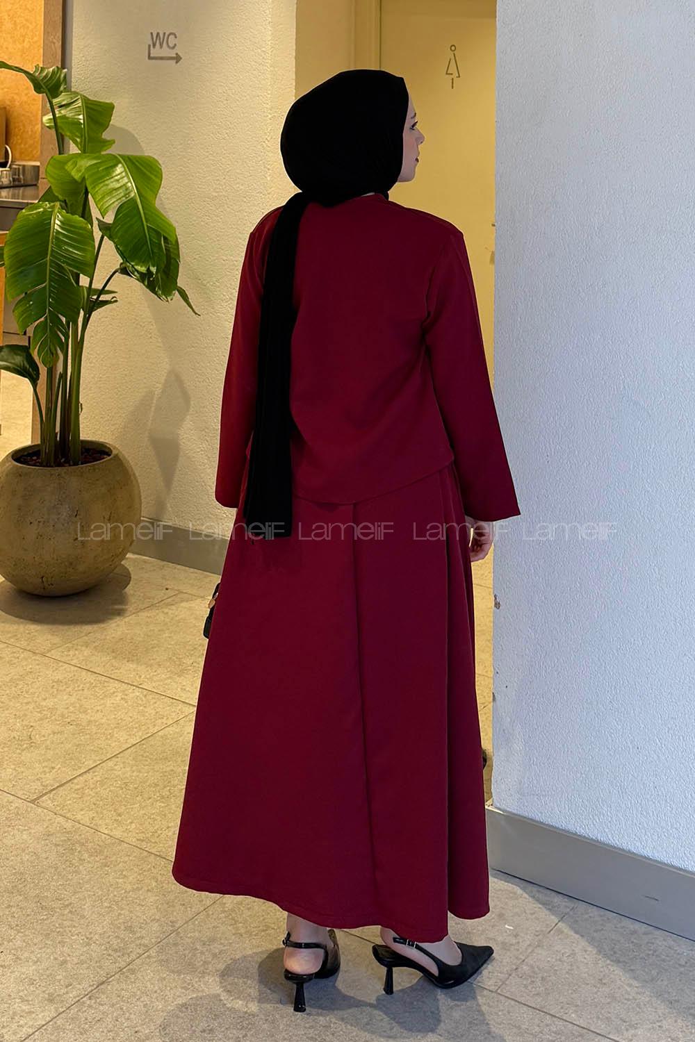 Lamelif Yan Bağlama Detaylı Etekli Takım Bordo