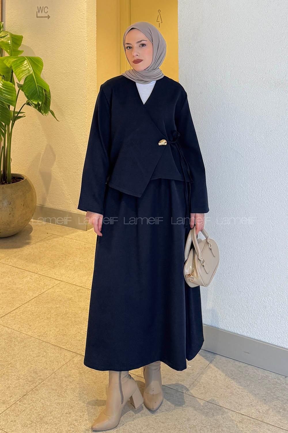 Lamelif Yan Bağlama Detaylı Etekli Takım Lacivert