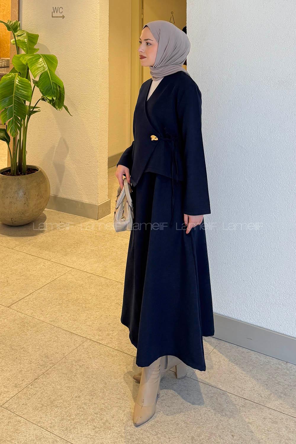 Lamelif Yan Bağlama Detaylı Etekli Takım Lacivert