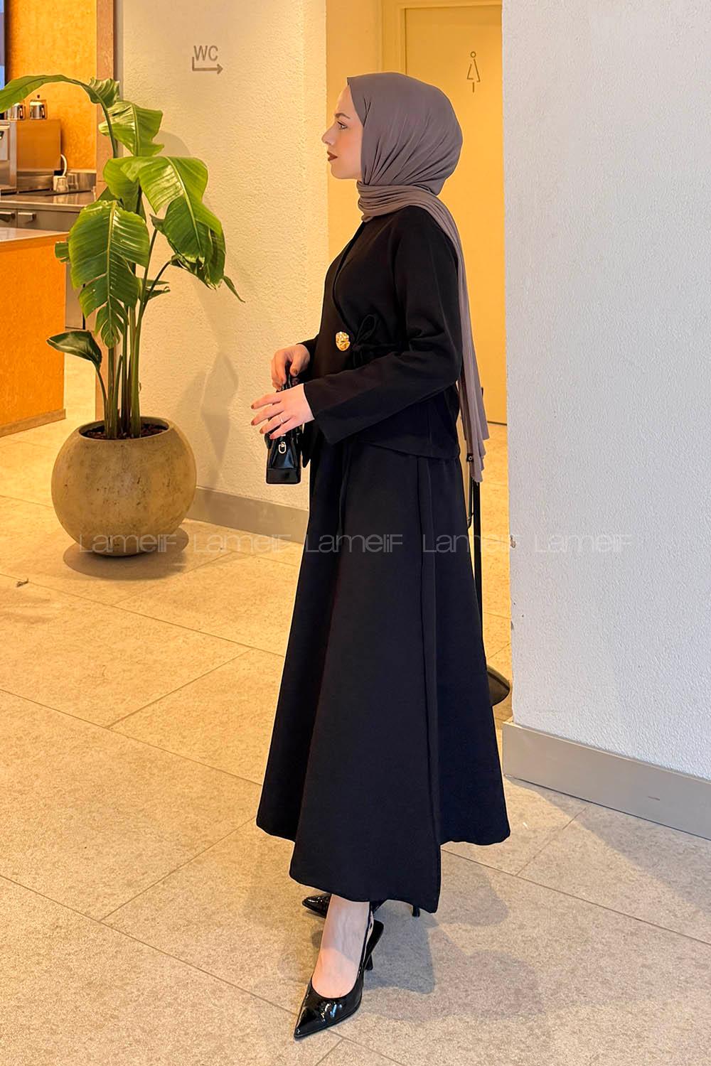 Lamelif Yan Bağlama Detaylı Etekli Takım Siyah