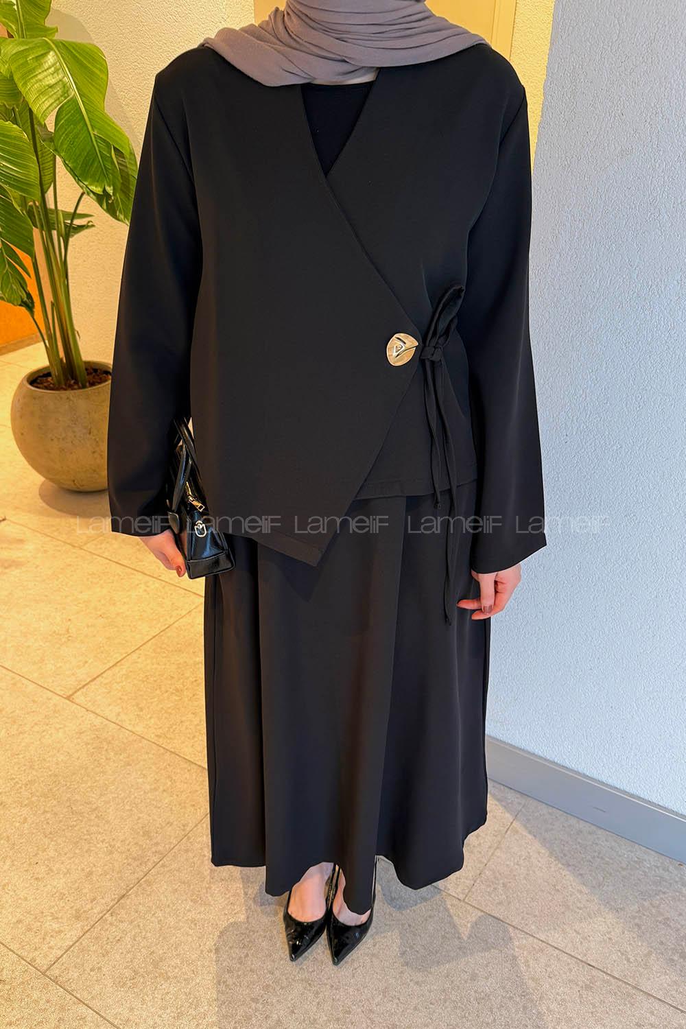 Lamelif Yan Bağlama Detaylı Etekli Takım Siyah