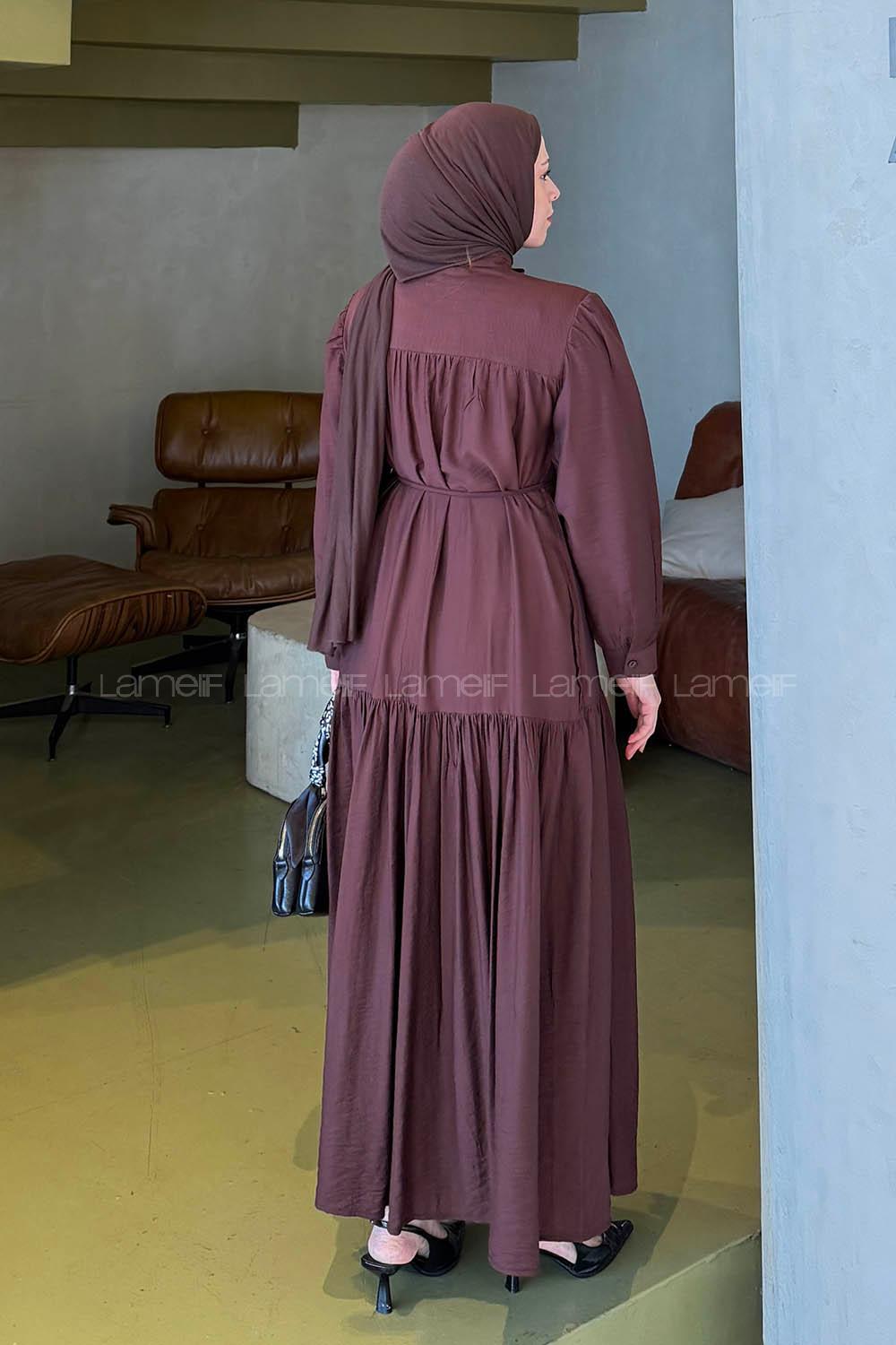 Lamelif Bağlama Detaylı Tesettür Elbise Acı Kahve