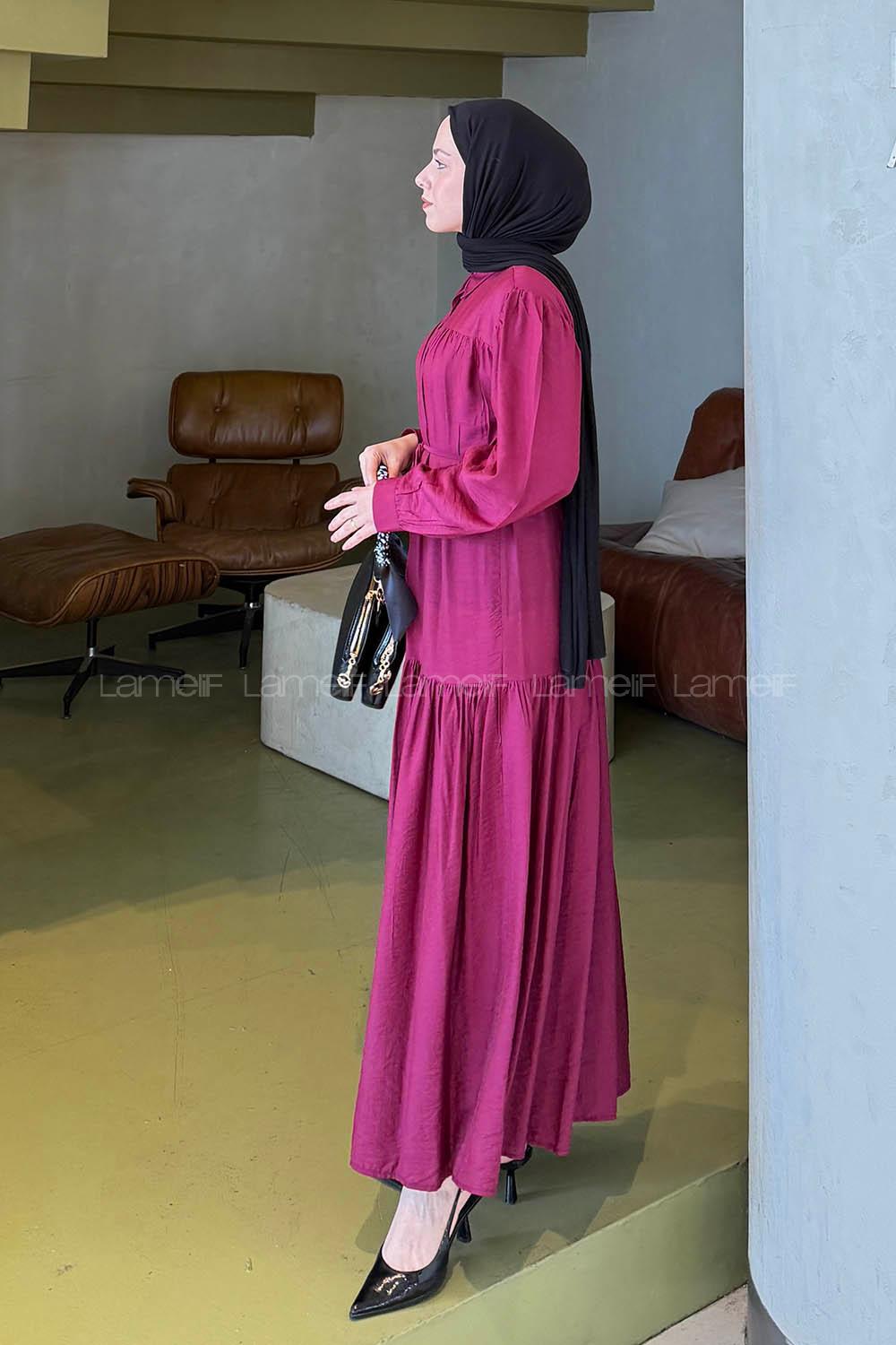 Lamelif Bağlama Detaylı Tesettür Elbise Mürdüm
