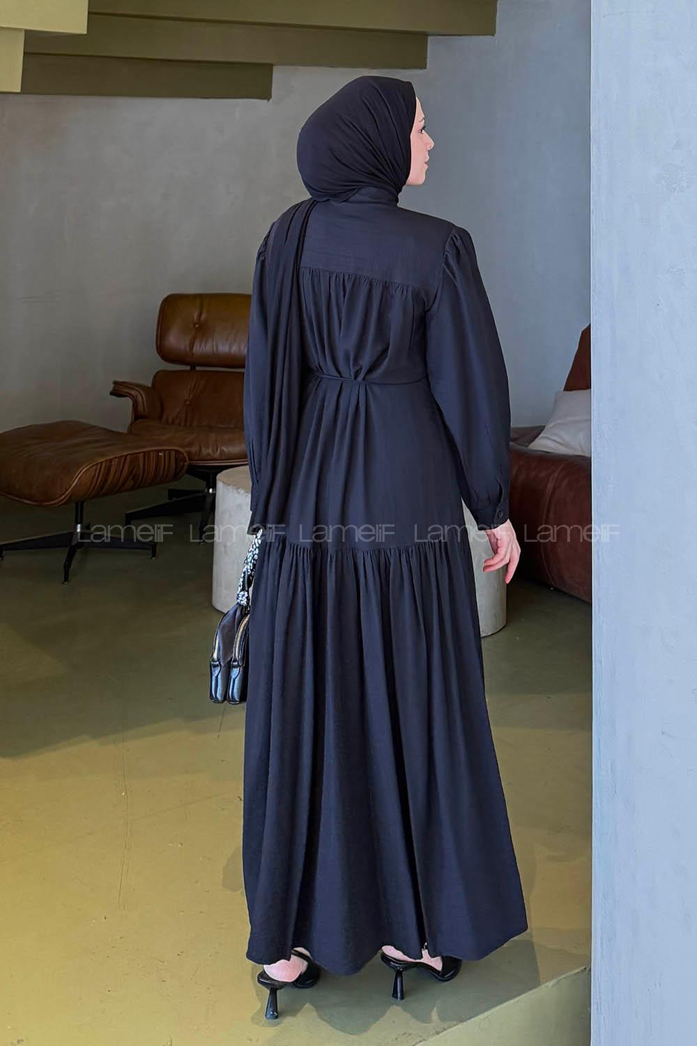 Lamelif Bağlama Detaylı Tesettür Elbise Siyah
