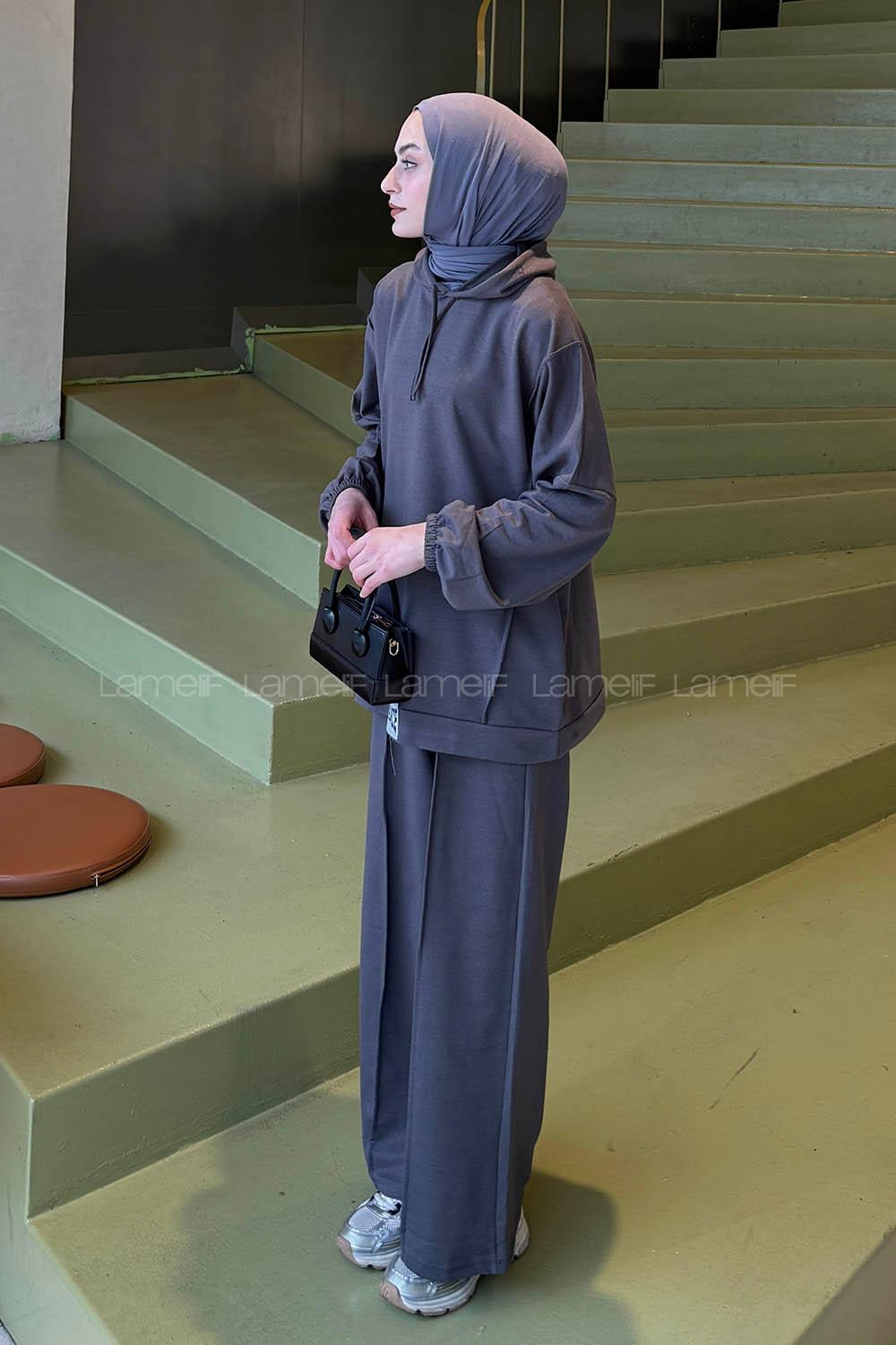 Anthracite Medium Crew Neck Long Arm Without Accessories Cotton Flared Trousers Comfortable Suit