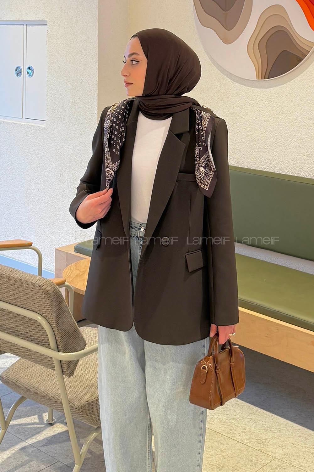 Lamelif Fular Detaylı Blazer Ceket Kahverengi