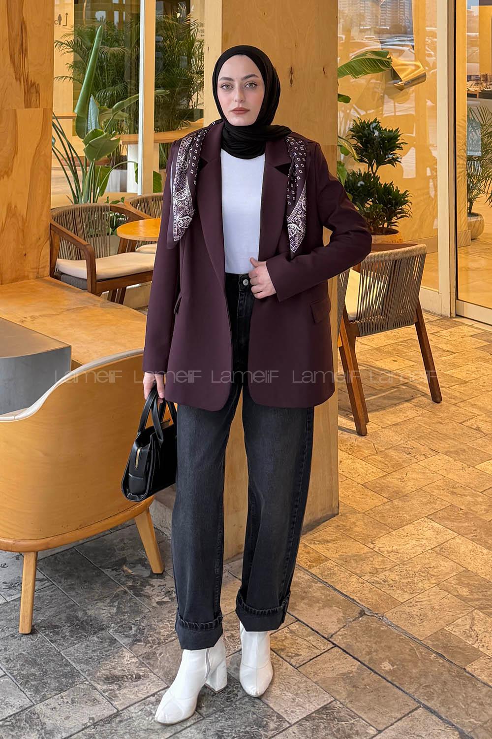 Lamelif Fular Detaylı Blazer Ceket Mürdüm