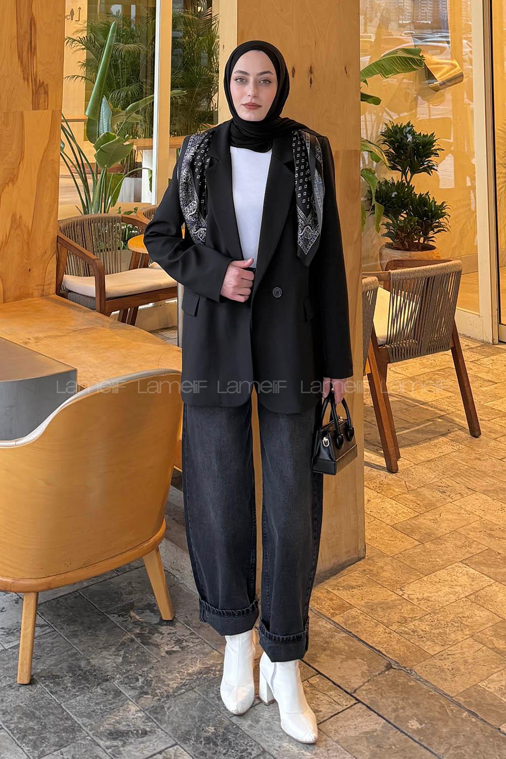 Lamelif Fular Detaylı Blazer Ceket Siyah