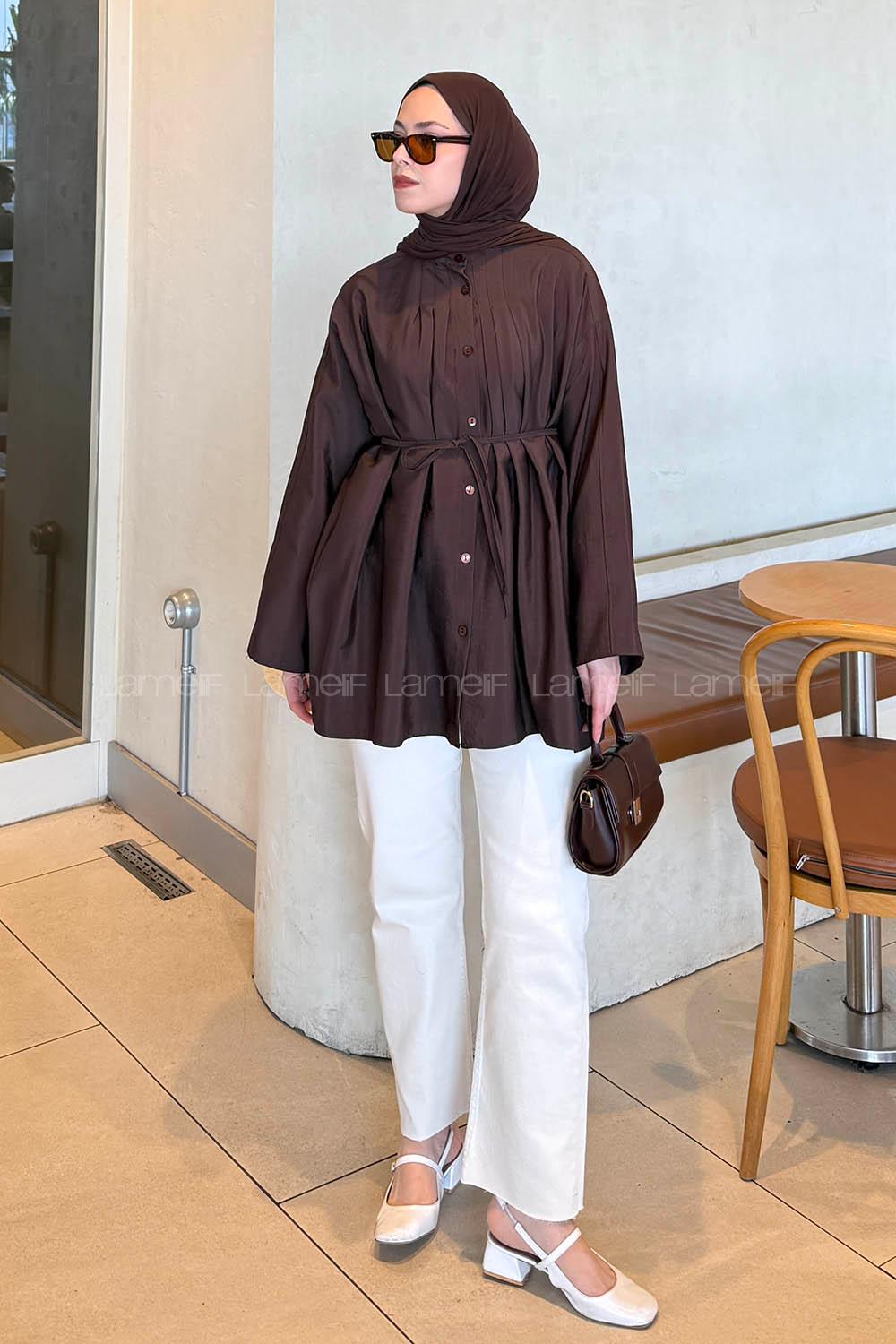 Lamelif Önü Pensli Tesettür Gömlek Acı Kahve