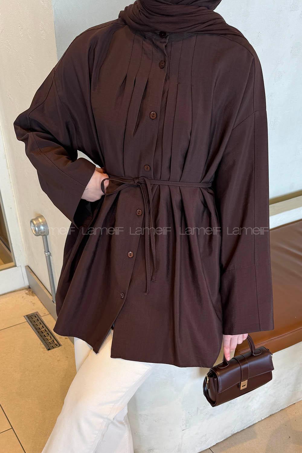 Lamelif Önü Pensli Tesettür Gömlek Acı Kahve