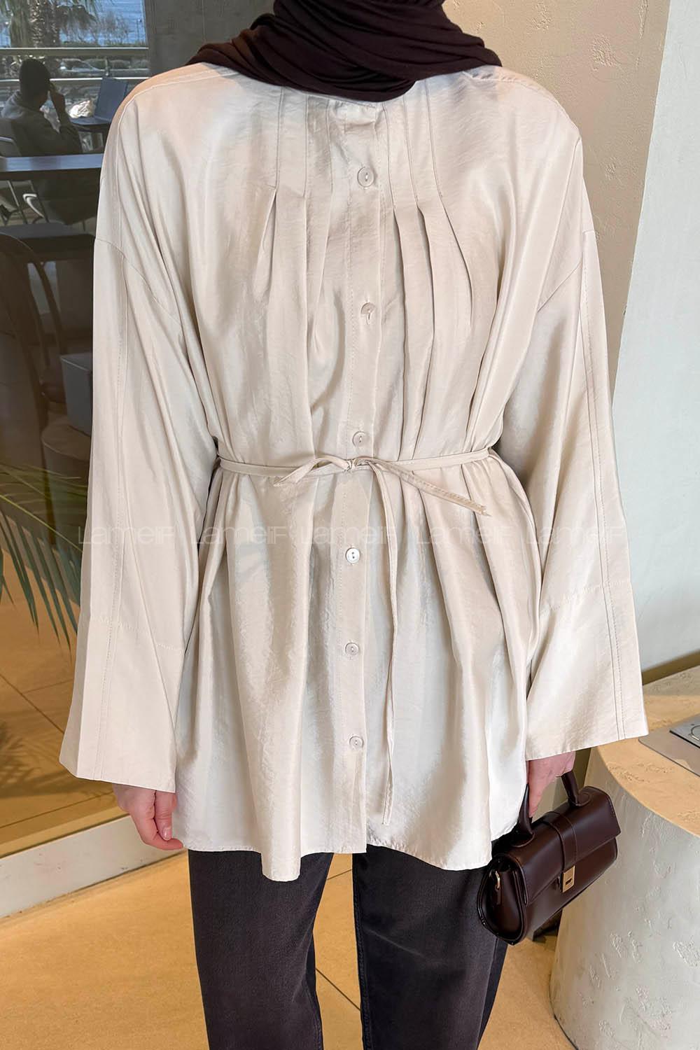 Lamelif Önü Pensli Tesettür Gömlek Krem