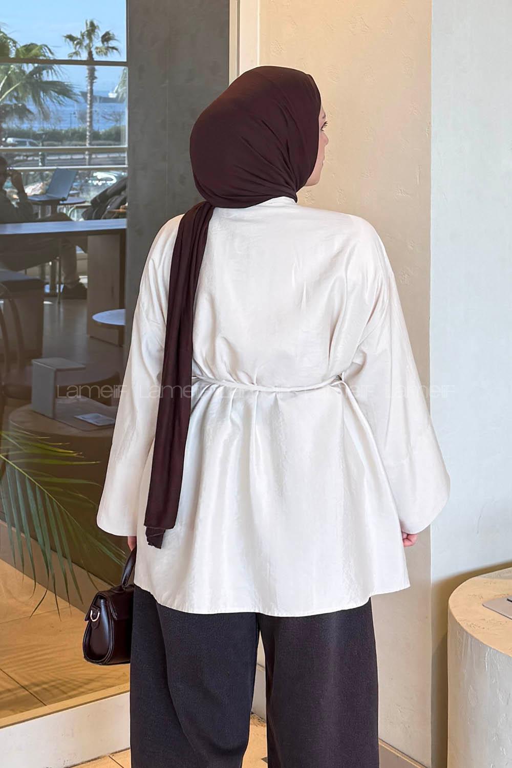 Lamelif Önü Pensli Tesettür Gömlek Krem