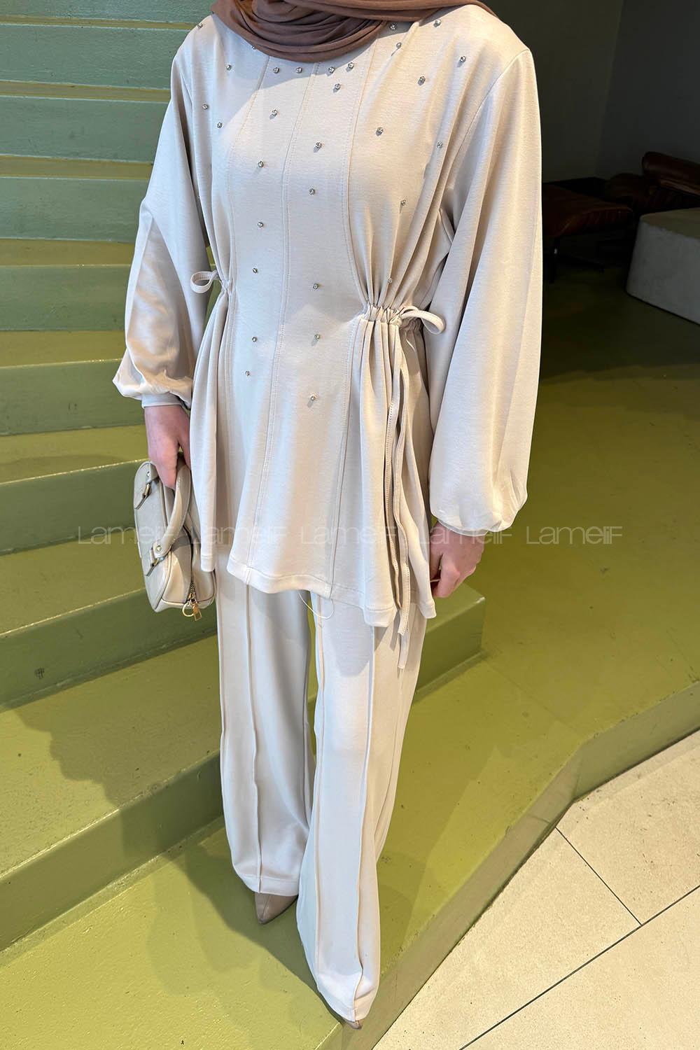 Lamelif Oysho Taşlı İkili Takım Krem