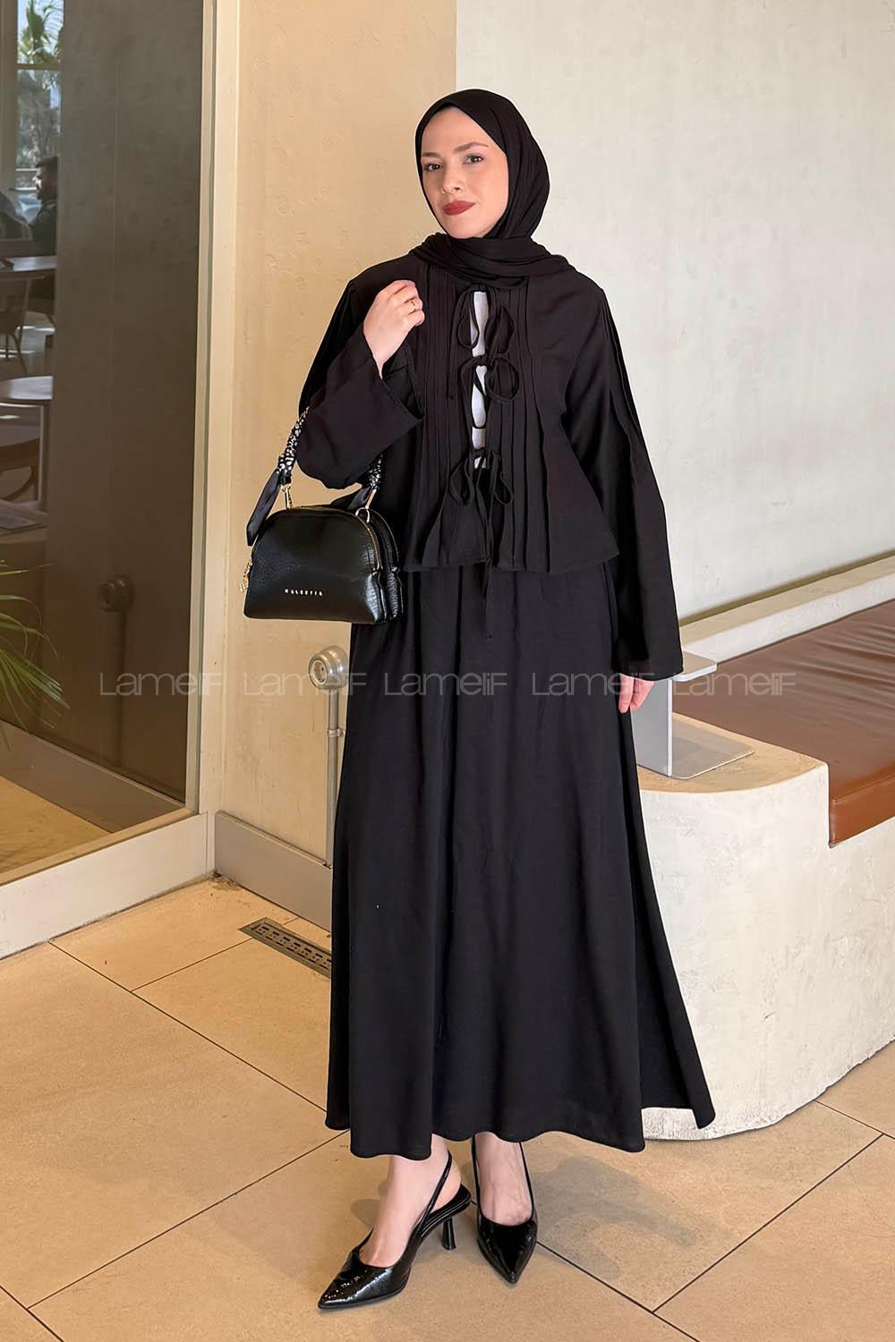 Black Crew Neck Long Arm Linen Flared Skirt Suit