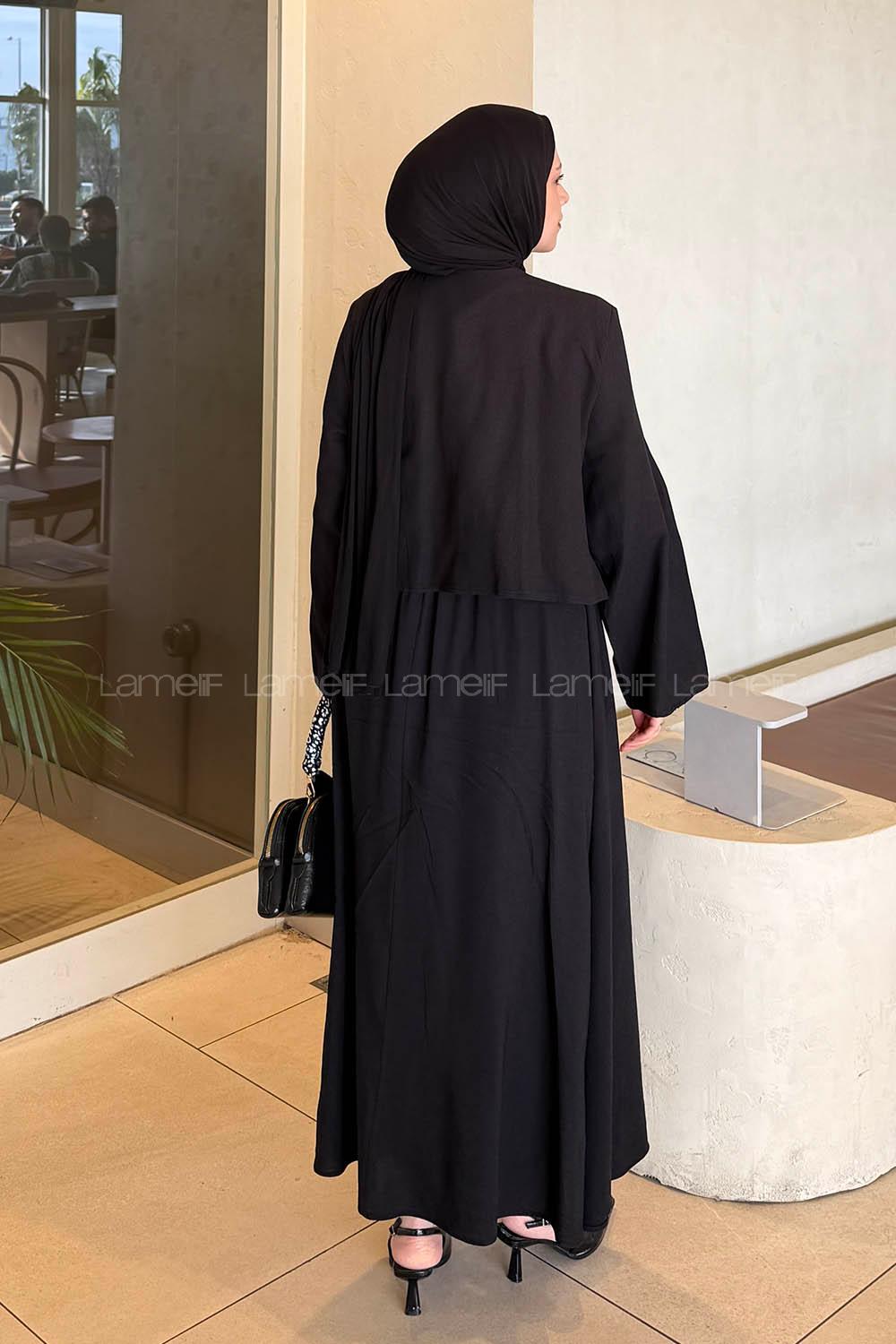 Black Crew Neck Long Arm Linen Flared Skirt Suit