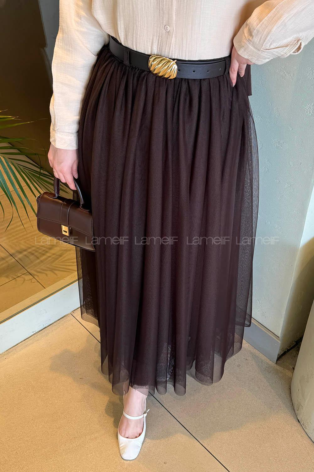 Lamelif Pileli Kemerli Tül Etek Acı Kahve