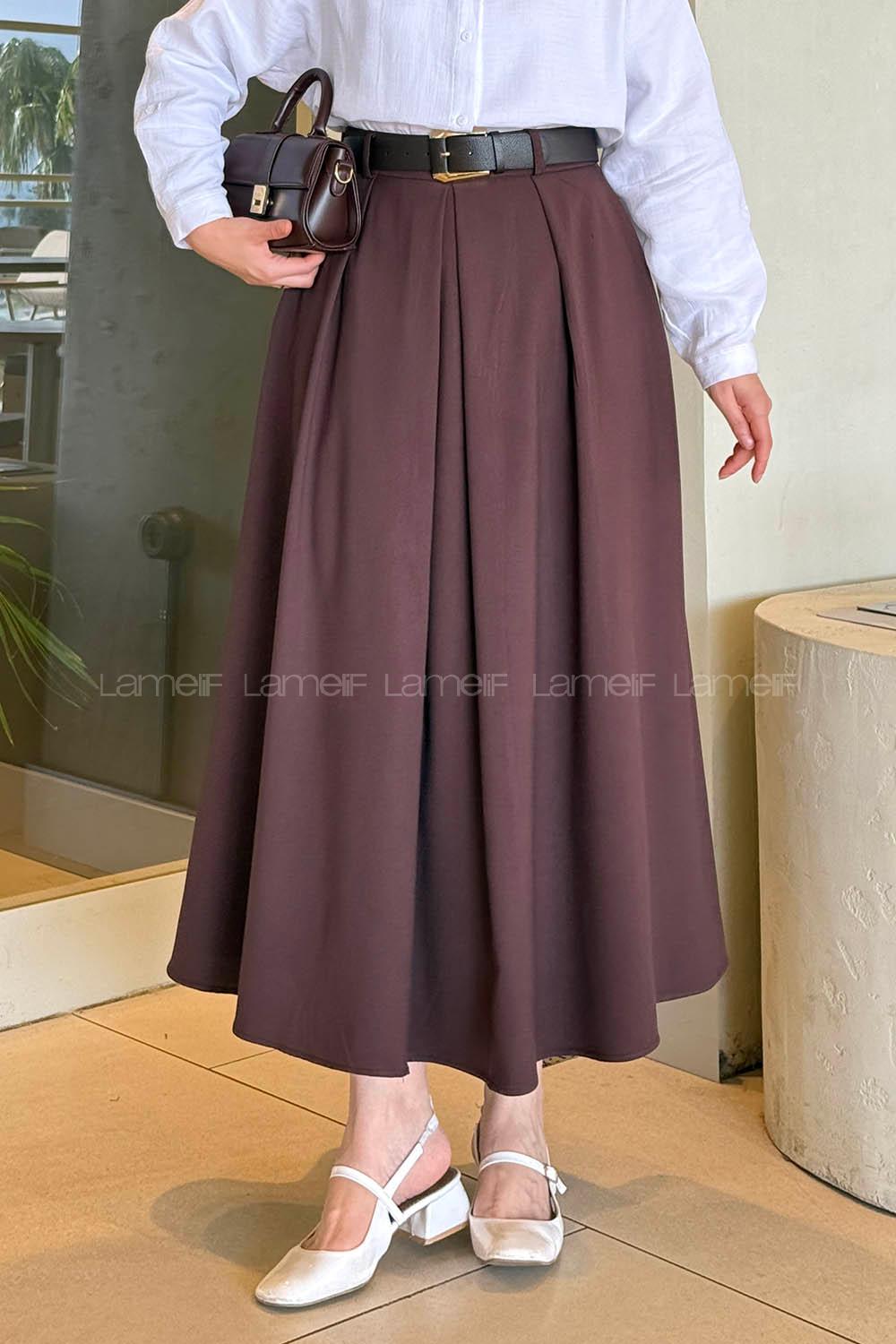 Lamelif Poliviskon Kemerli Etek Kahverengi