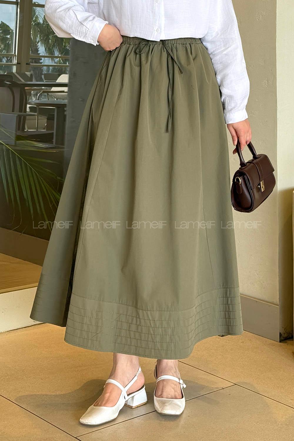 Khaki Poplin Fabric Flare Skirt
